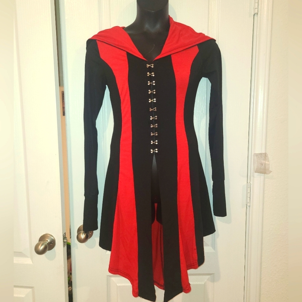 Women's Red & Black Clasp-front, Lace-up-back Hooded Jacket Size 2XL